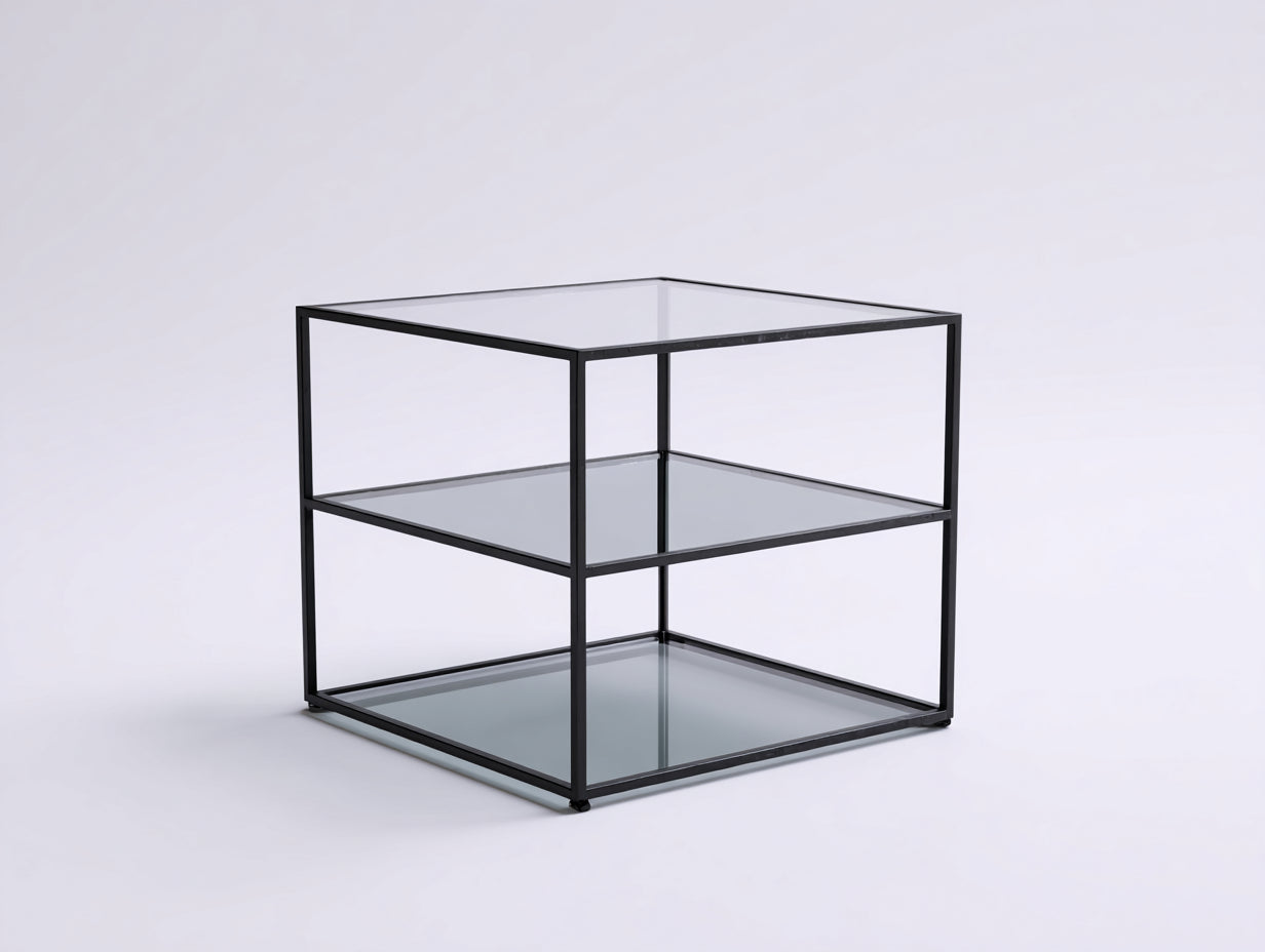 Beistelltisch aus Metall und Rauchglas 70×38×72 cm - Schwarz/Rauchgrau - 3 Ablageflächen mit abgerundetem Rahmen für Wohnzimmer