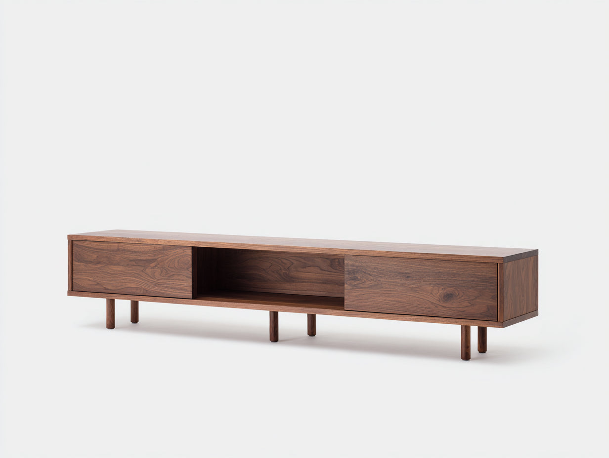 Lowboard aus Massivholz 180×42×48 cm - Dunkle Nussbaumfarbe - TV-Möbel mit offenem Fach