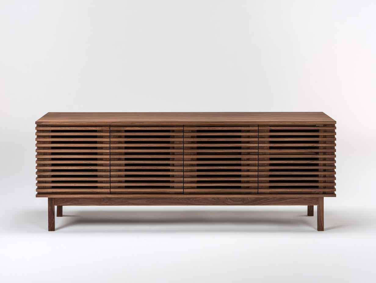 Lowboard aus Holz 180×42×72 cm - Nussbaum Dunkelbraun - 4 Lamellentüren mit erhöhtem Gestell für Wohnzimmer