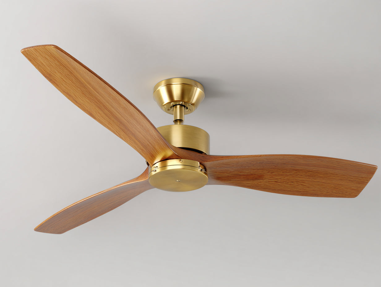 Deckenventilator aus Holz und Metall 132×132×30 cm - Holzfarben/Gold - flaches Design für Wohnzimmer