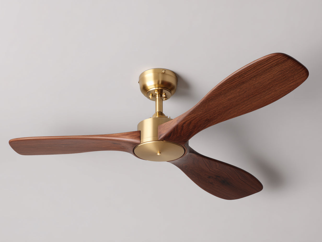 Deckenventilator aus Holz und Metall 128×128×32 cm - Dunkelbraun/Gold - geschwungene Flügel für Wohnzimmer