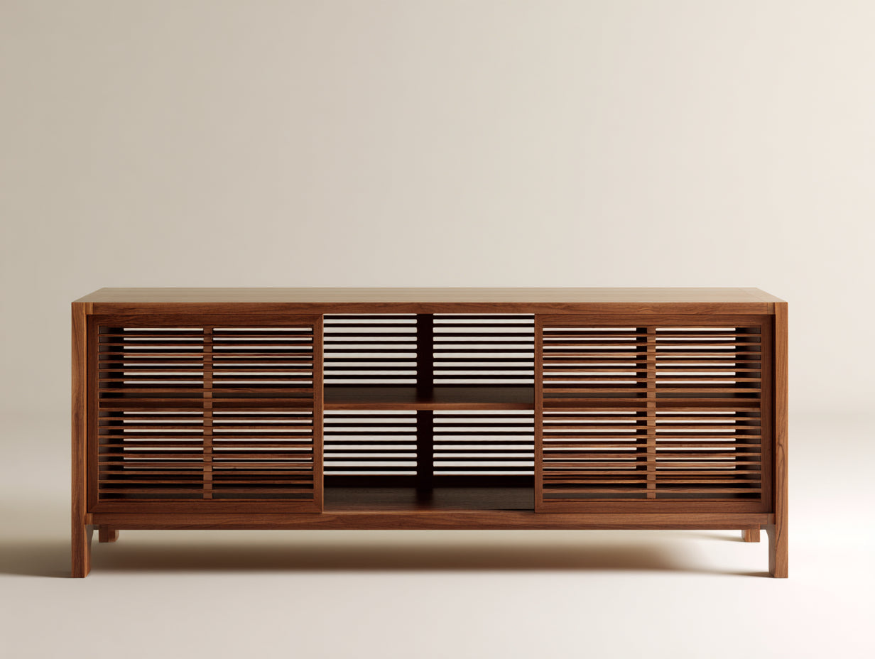 Lowboard aus Holz 180×42×78 cm - Dunkelbraun - Lamellenfront mit offenem Mittelfach für Wohnzimmer