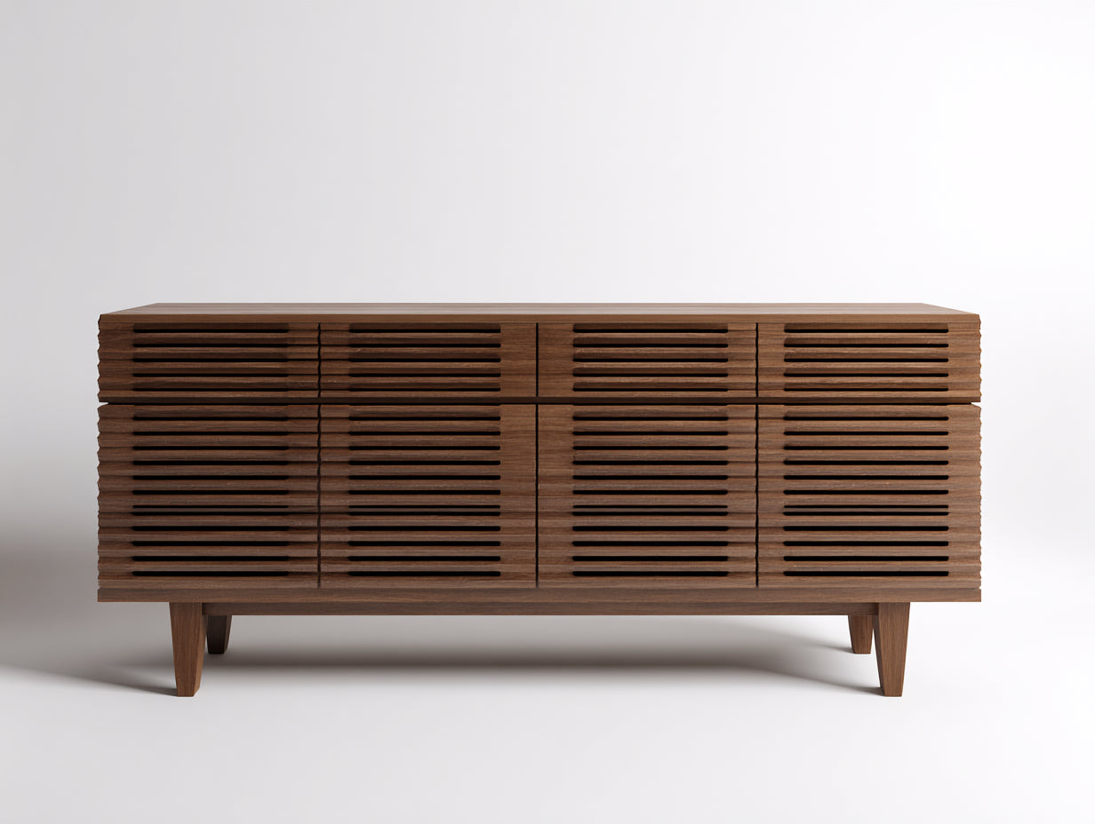 Lowboard aus Massivholz 180×45×78 cm - Nussbaum Dunkelbraun - 4 Schubladen und 4 Lamellentüren für Wohnzimmer