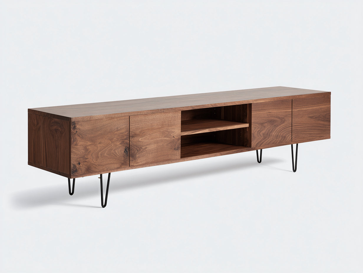 Lowboard aus Holz und Metall 200×42×58 cm - Walnussbraun/Schwarz - offener Mittelbereich für Wohnzimmer