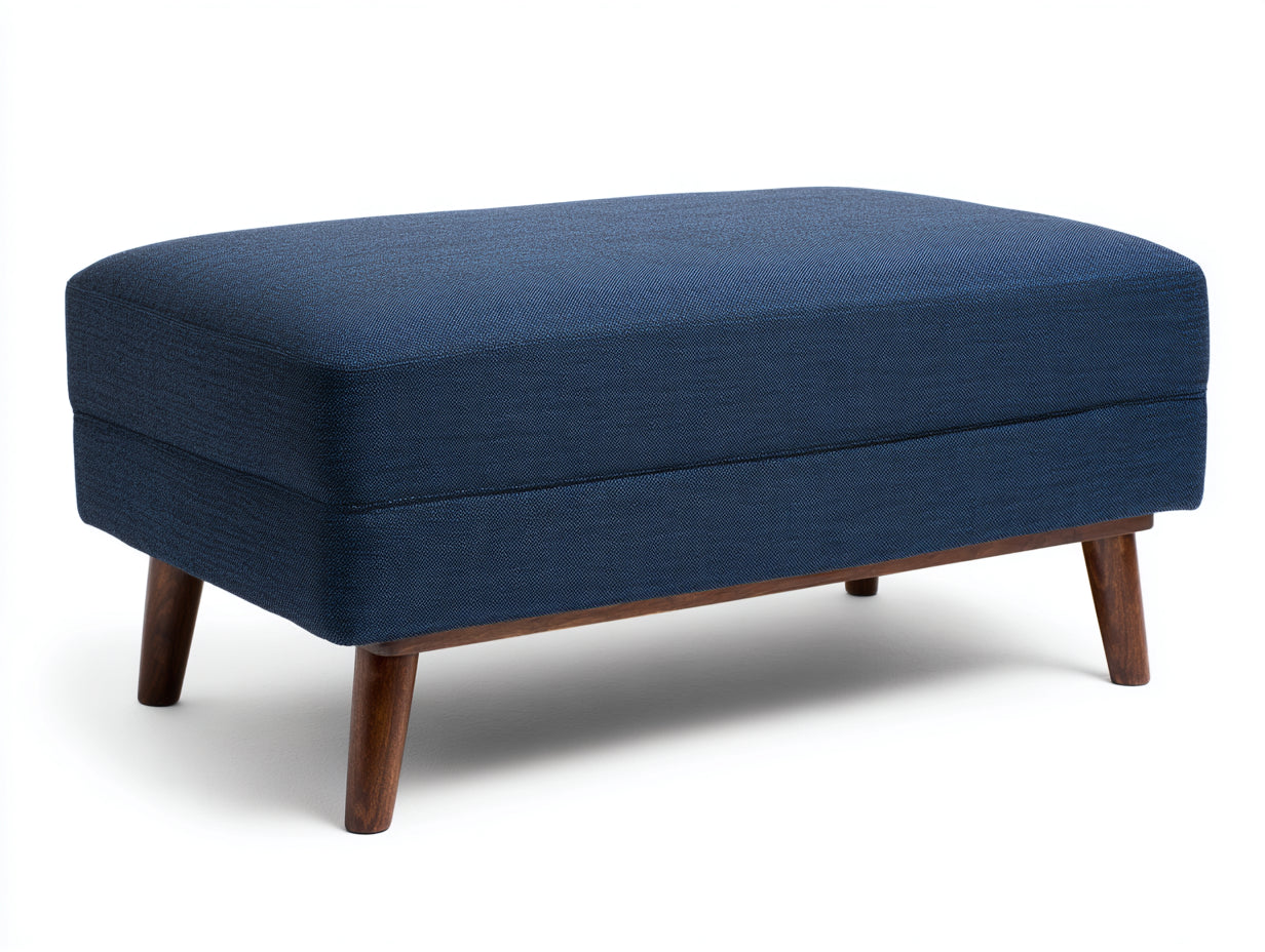 Polsterhocker aus Strukturstoff 92×68×44 cm - Dunkelblau/Dunkelbraun - breite Fußablage mit Holzgestell für Wohnzimmer