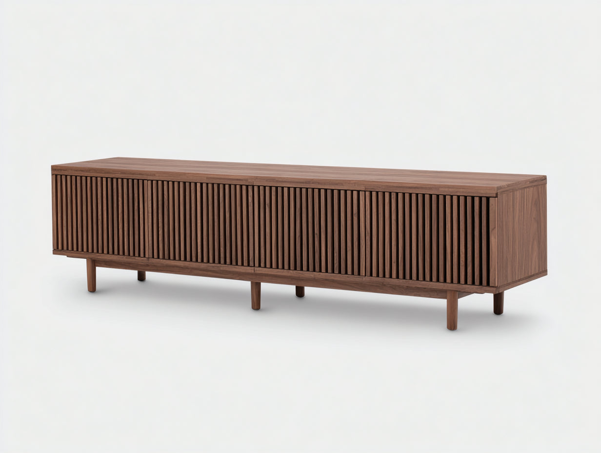 Lowboard aus Holz 200×45×60 cm - Walnussbraun - vertikale Lamellenfront für Wohnzimmer