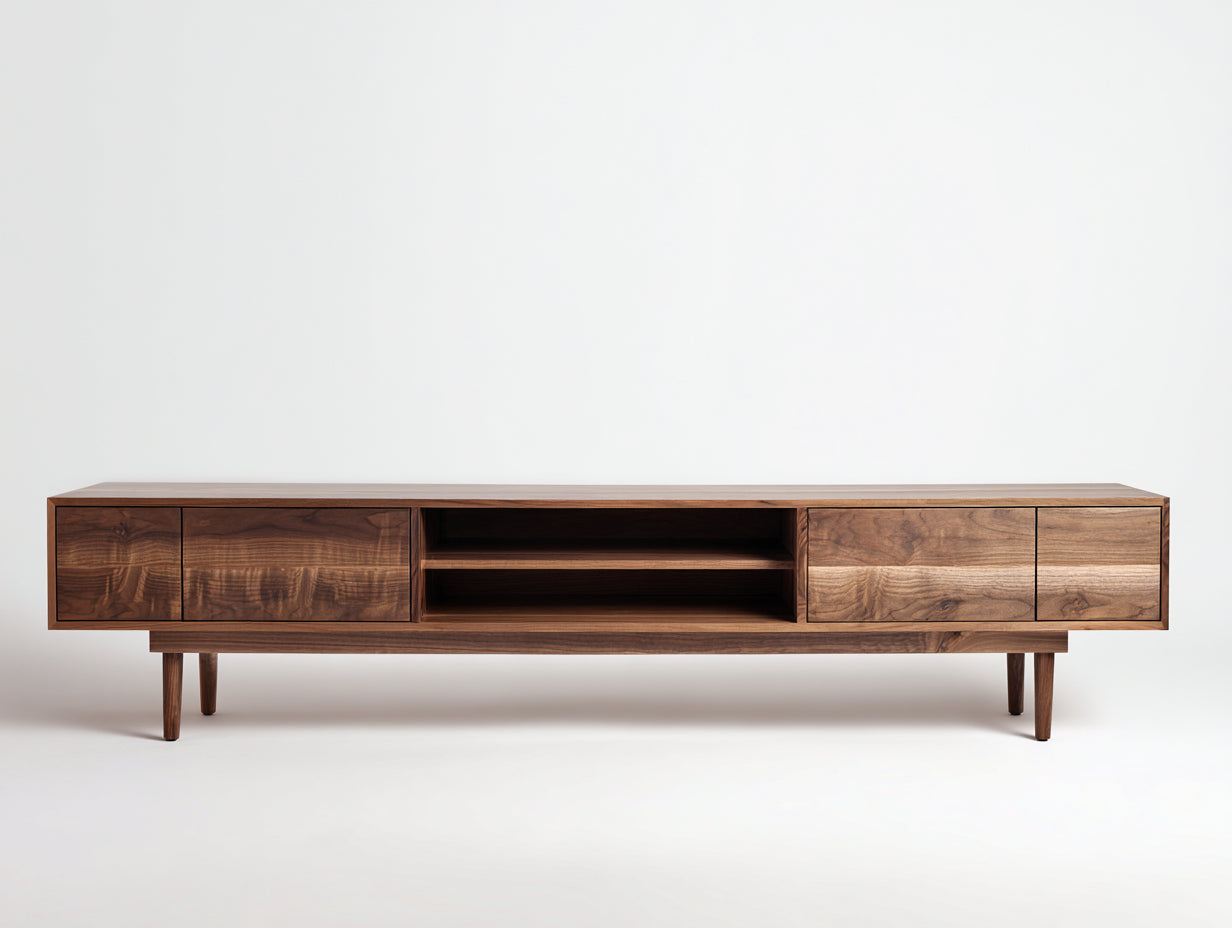 Lowboard aus Walnussholz 220×42×55 cm - Nussbaum Braun - 4 Türen und 2 offene Fächer für Wohnzimmer
