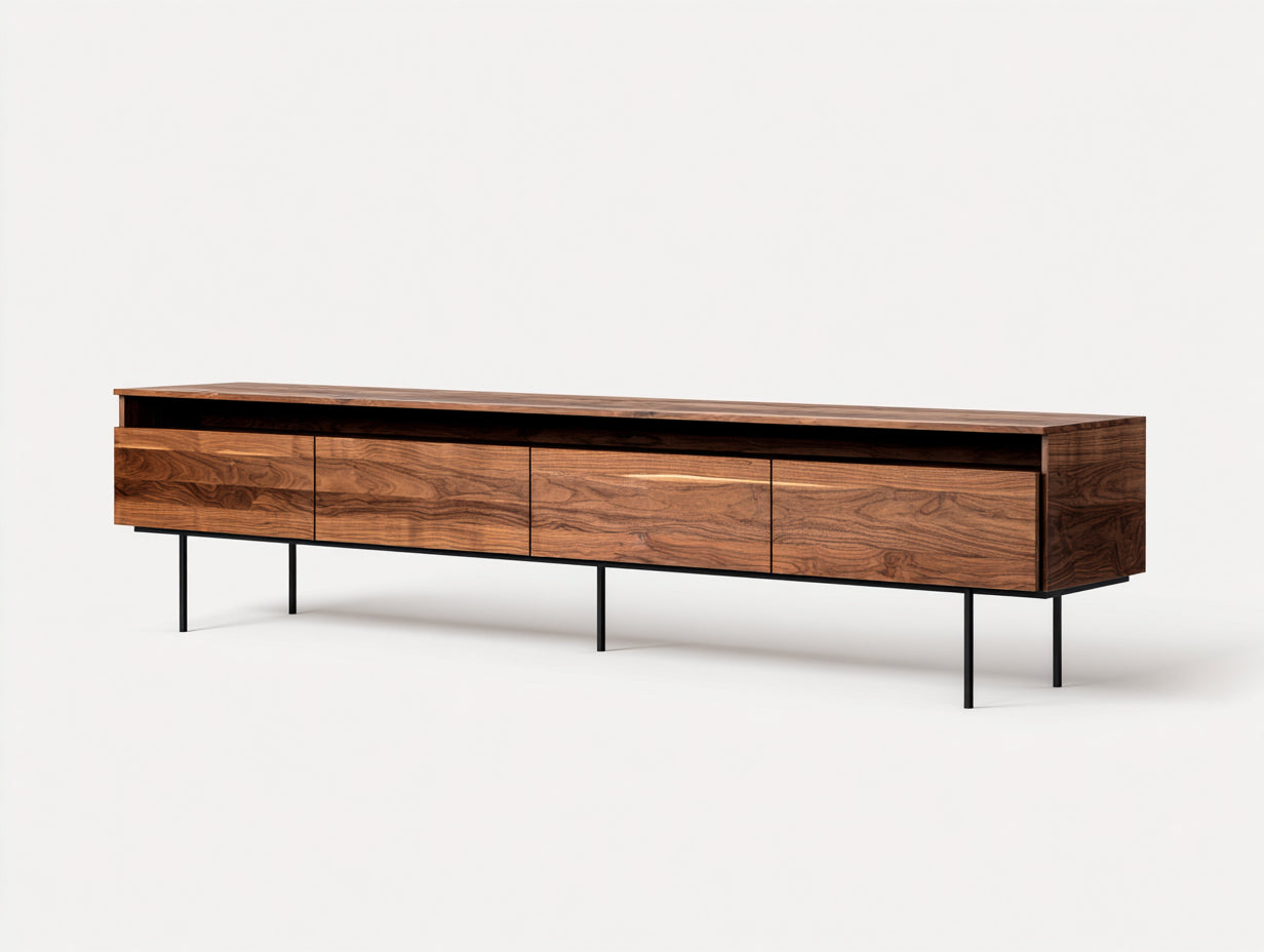 Lowboard aus Walnussholz 220×42×62 cm - Nussbaum/Schwarz - 4 Schubladen mit offenem Medienfach für Wohnzimmer